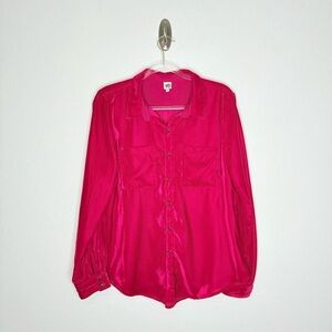 Ivy Jane Crushed Velvet Button Up Blouse Red Pink Long Sleeve Boho Shirt Medium